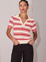 Red/Ecru Stripe Knitlook Short Sleeve Polo Shirt - Image 2 of 8