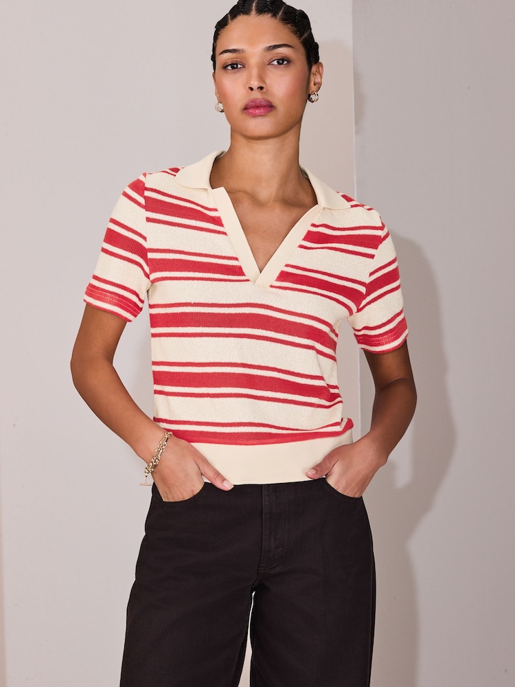 Red/Ecru Stripe Knitlook Short Sleeve Polo Shirt - Image 2 of 8 Red/Ecru Stripe Knitlook Short Sleeve Polo Shirt - Image 2 of 8