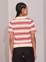 Red/Ecru Stripe Knitlook Short Sleeve Polo Shirt - Image 3 of 8