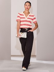 Red/Ecru Stripe Knitlook Short Sleeve Polo Shirt - Image 4 of 8