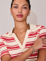 Red/Ecru Stripe Knitlook Short Sleeve Polo Shirt - Image 5 of 8