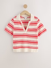 Red/Ecru Stripe Knitlook Short Sleeve Polo Shirt - Image 6 of 8