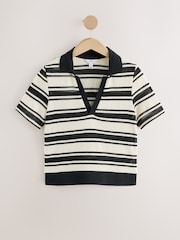 Black/Ecru Stripe Knitlook Short Sleeve Polo Shirt - Image 1 of 3