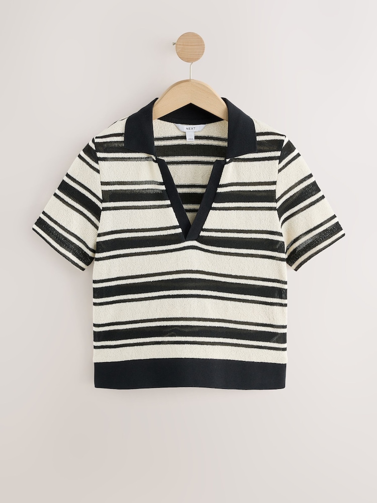 Black/Ecru Stripe Knitlook Short Sleeve Polo Shirt - Image 1 of 3
