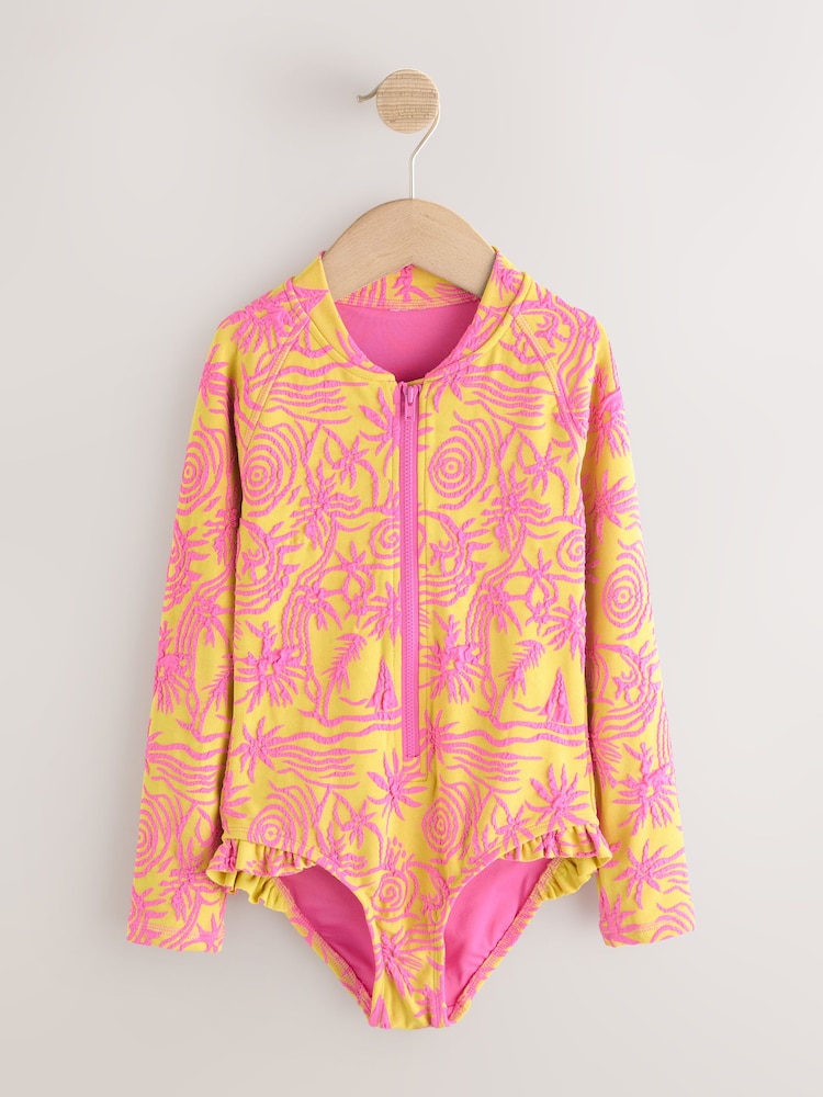 Pink/Yellow - बनावटी लामो बाहुला भएको सनसेफ स्विमसूट (3-16वर्ष) - 4मध्ये 1 तस्बिर
