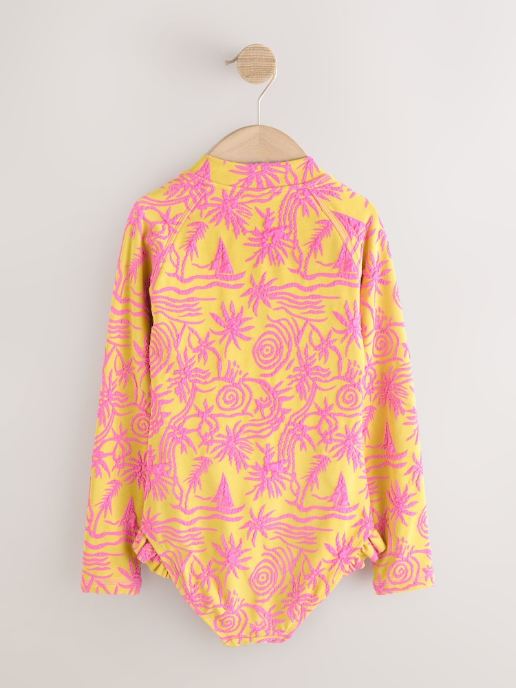 Pink/Yellow - बनावटी लामो बाहुला भएको सनसेफ स्विमसूट (3-16वर्ष) - 4मध्ये 2 तस्बिर