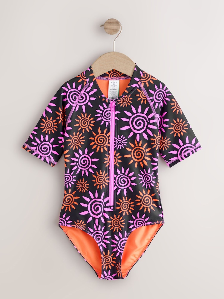 Black/Pink Sun Short Sleeved Sunsafe Swimsuit (6mths-16yrs) - Image 1 of 4