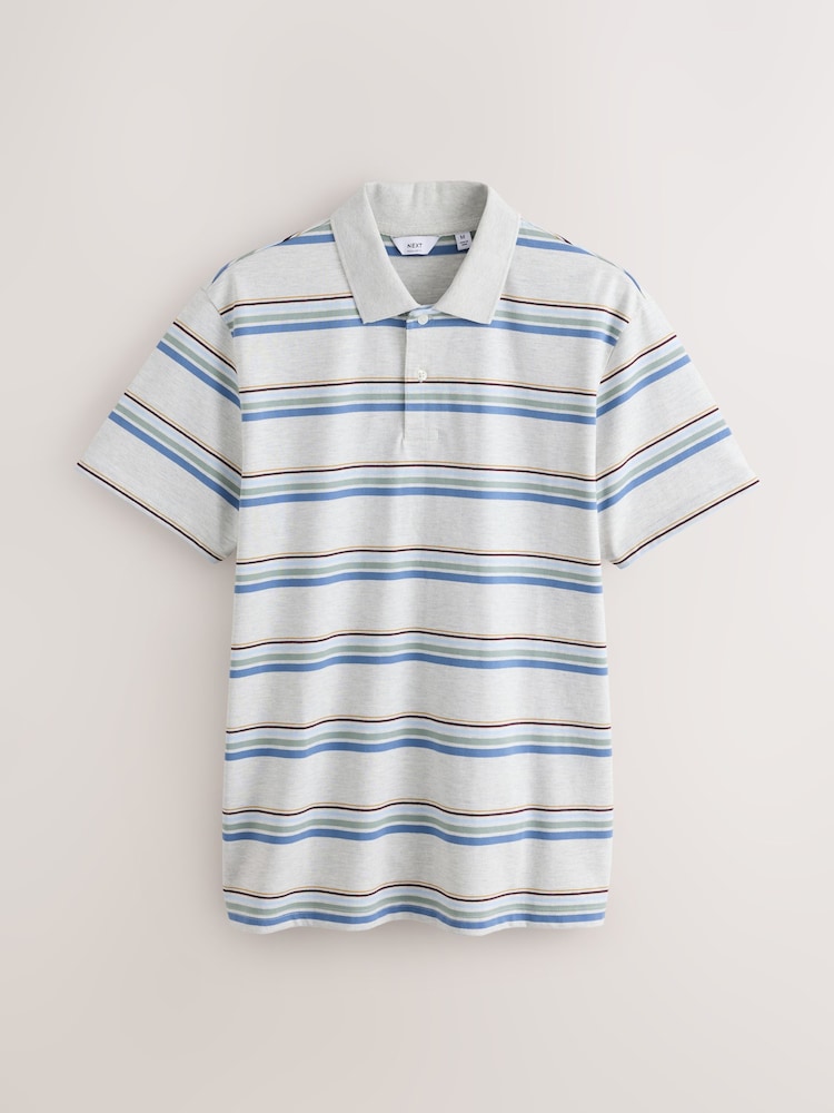 Grey Marl/Blue Horizontal Striped Polo Shirt - Image 1 of 3 Grey Marl/Blue Horizontal Striped Polo Shirt - Image 1 of 3