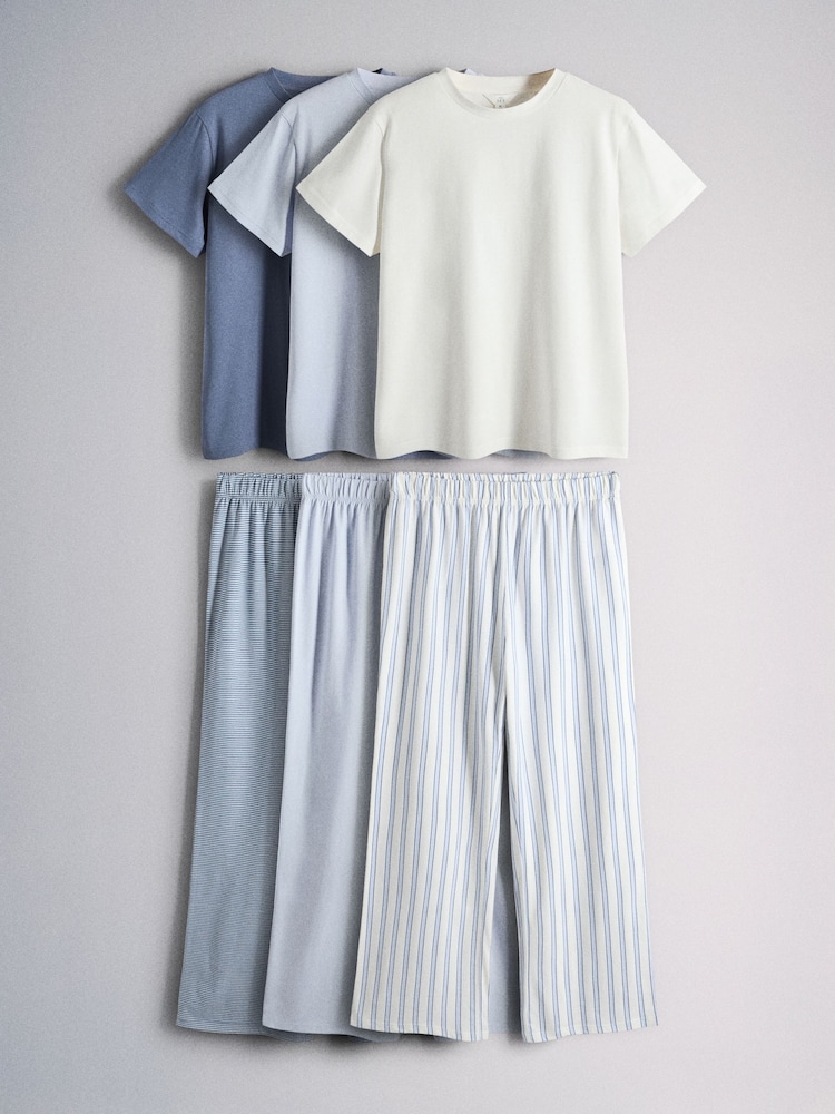 The Set 3 Pack Cotton Short Sleeve Long Leg Pyjama Sets Blue/White/Stripe - Image 1 of 7
