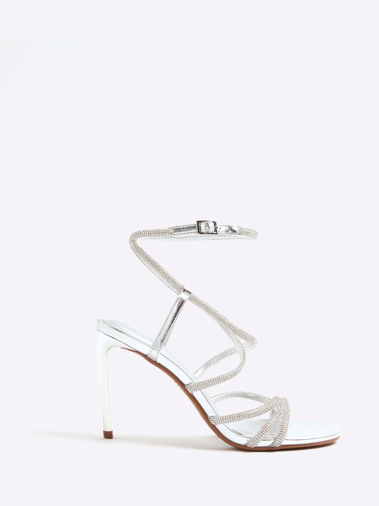 River Island Silver Diamante Strap Heeled Sandals - Image 1 of 5 River Island Silver Diamante Strap Heeled Sandals - Image 1 of 5