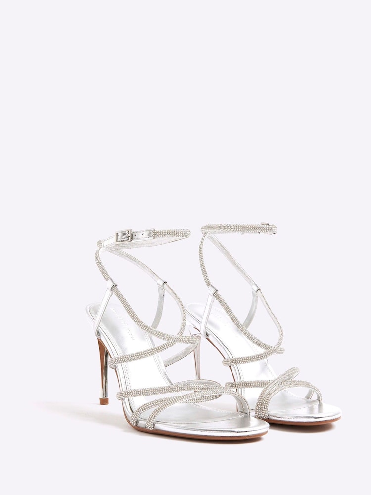 River Island Silver Diamante Strap Heeled Sandals - Image 2 of 5 River Island Silver Diamante Strap Heeled Sandals - Image 2 of 5