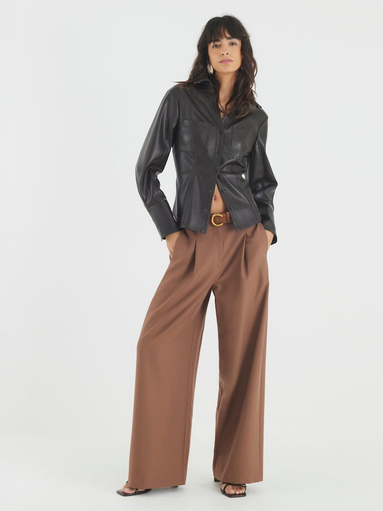 River Island Brown Easy Belted Wide Leg Trousers - Image 1 of 4