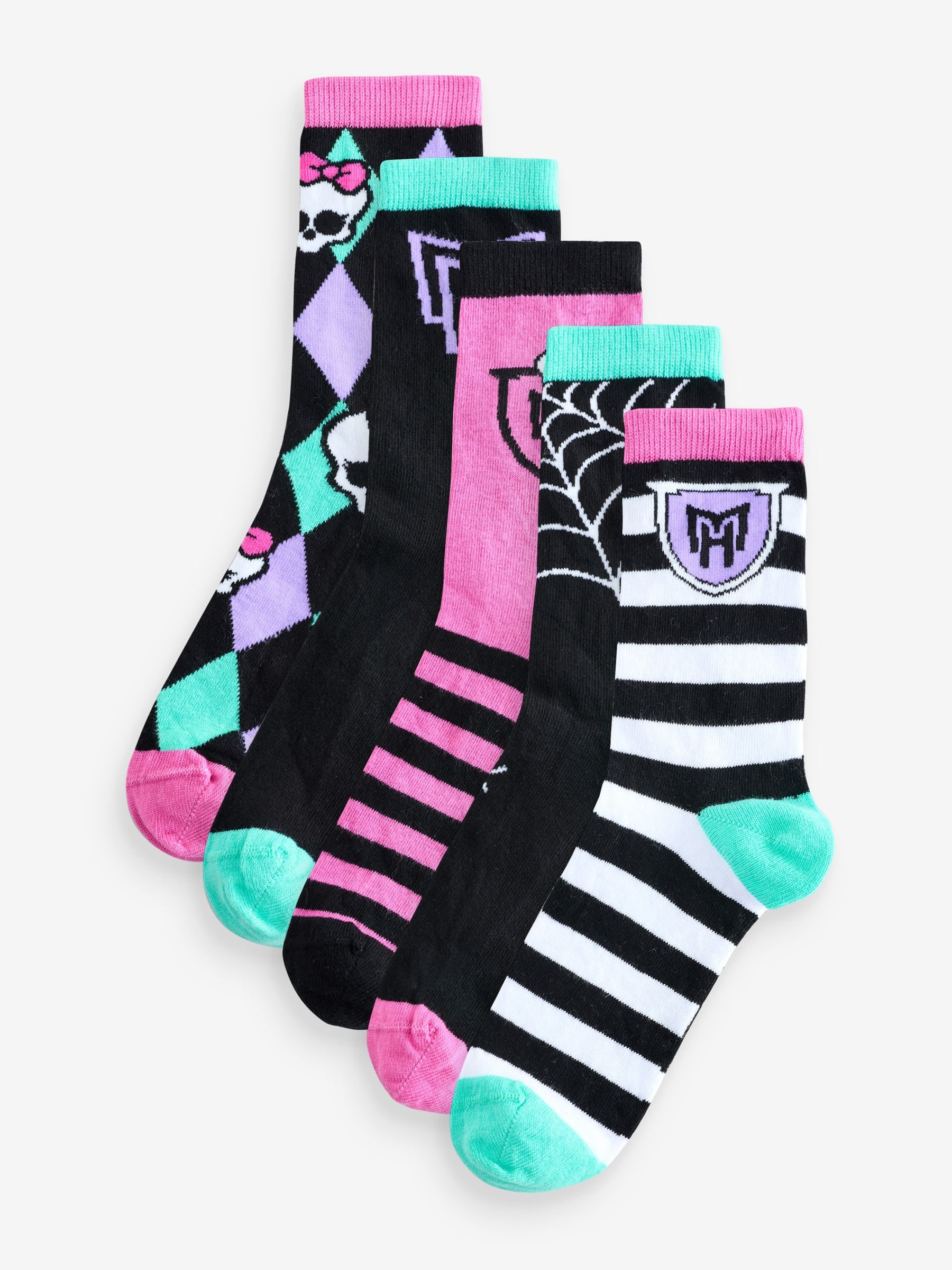 Monster High Girls Multicoloured Skulls and Stripes Calf Socks | Set of 5 Pairs | Fun Patterns Logos | Casual Everyday Socks for Kids | Argyle and Striped Designs - Image 3