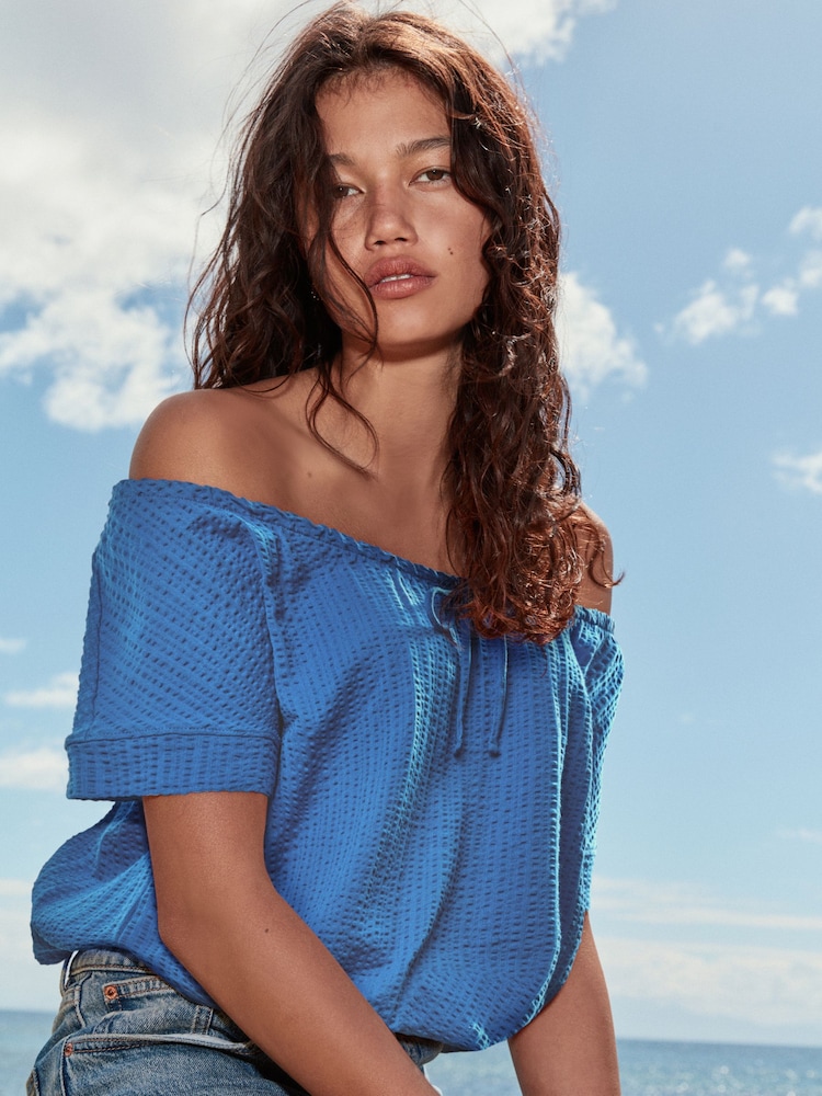 Blue Short Sleeve Bubblehem Scoop Neck T-Shirt - Image 1 of 6 Blue Short Sleeve Bubblehem Scoop Neck T-Shirt - Image 1 of 6