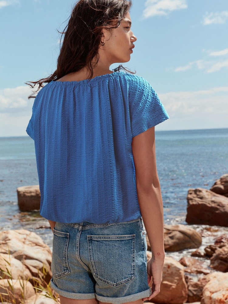 Blue Short Sleeve Bubblehem Scoop Neck T-Shirt - Image 2 of 6 Blue Short Sleeve Bubblehem Scoop Neck T-Shirt - Image 2 of 6