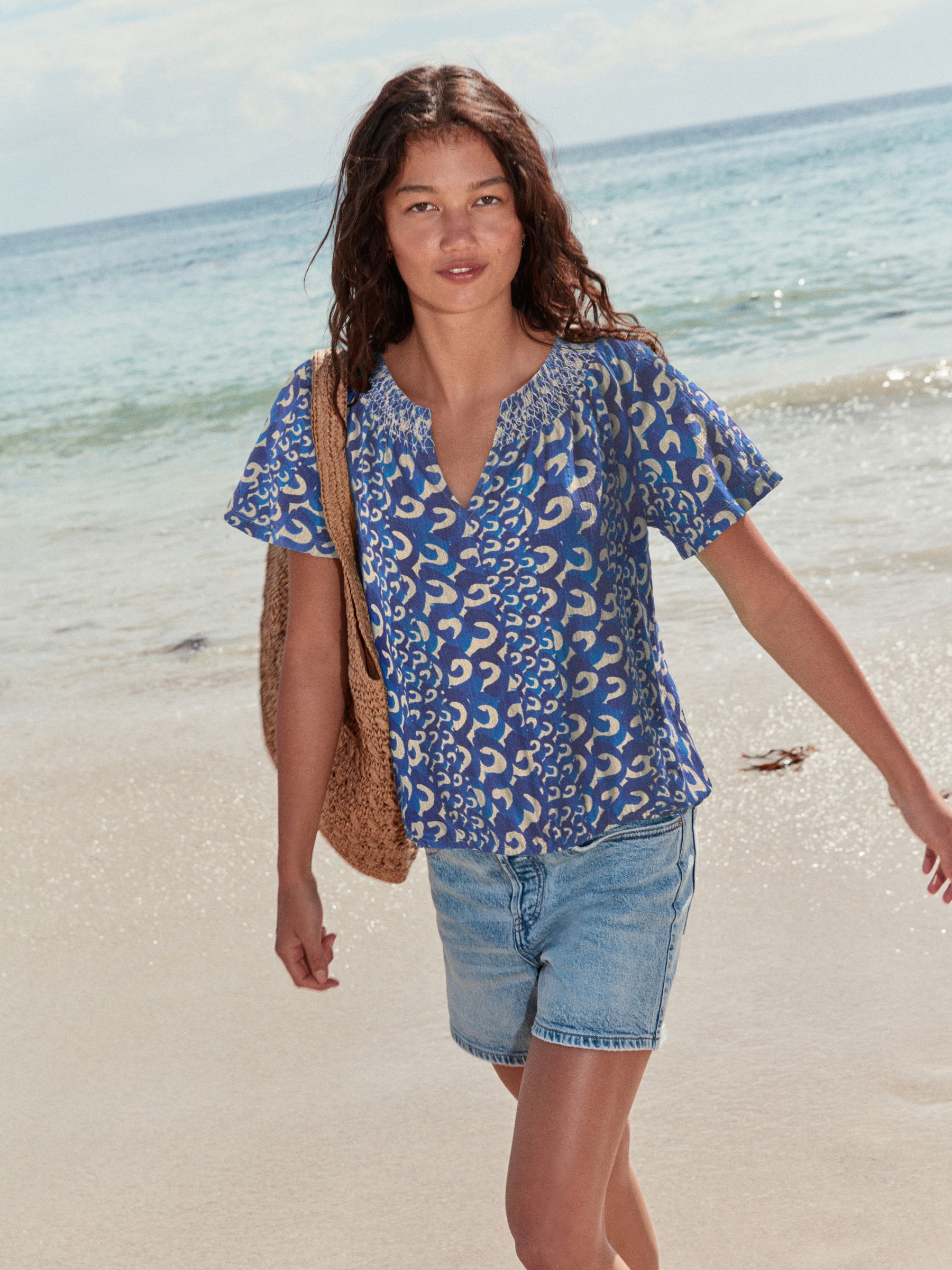 トップス NC Buy Blue/White Wave Print Short Sleeve Notch Neck Shirred
