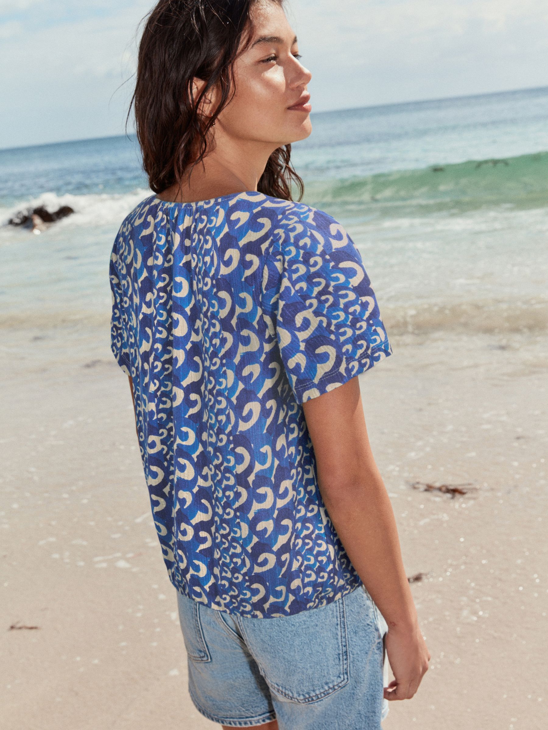Buy Blue/White Wave Print Short Sleeve Notch Neck Shirred
