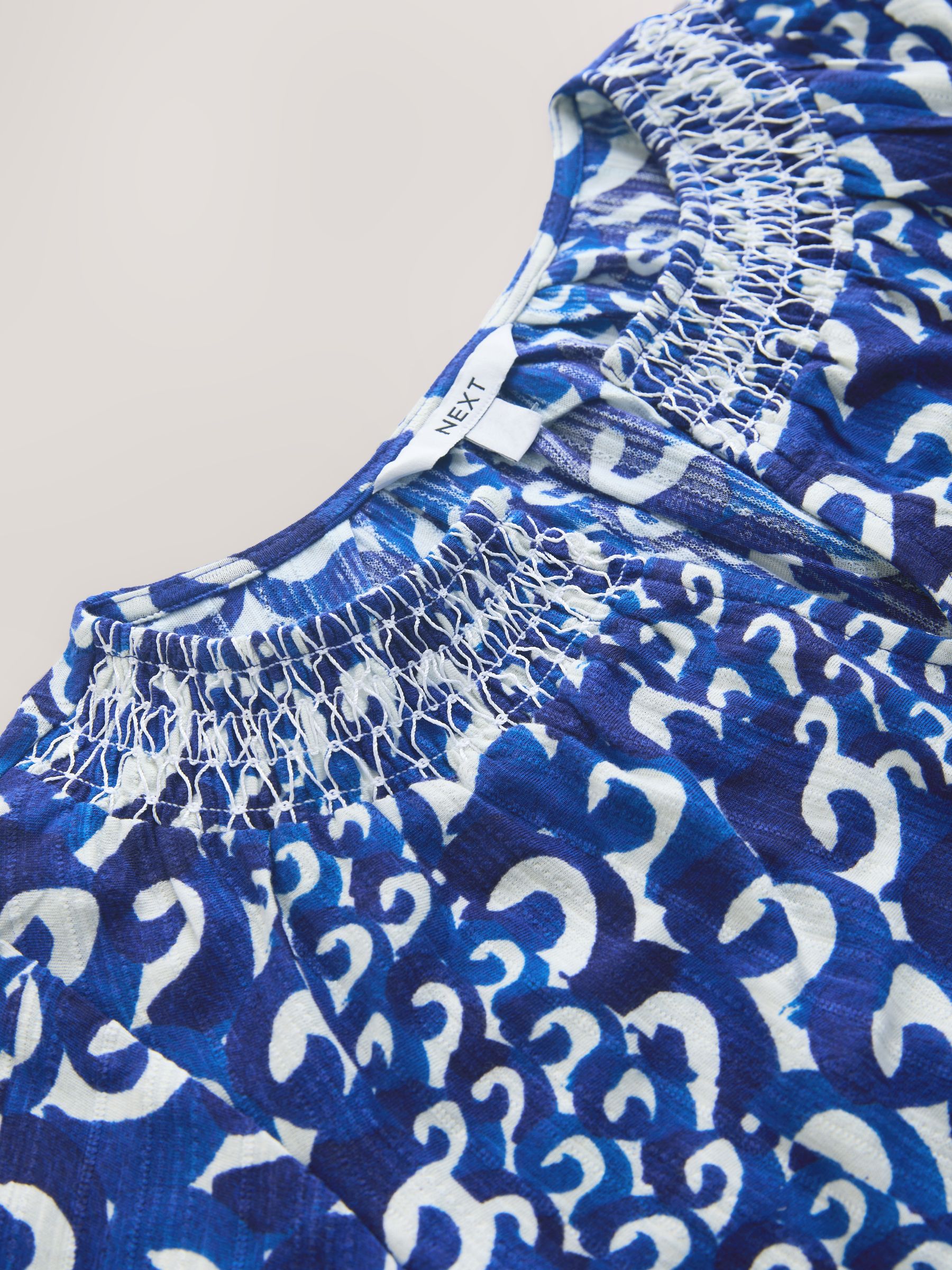 Buy Blue/White Wave Print Short Sleeve Notch Neck Shirred