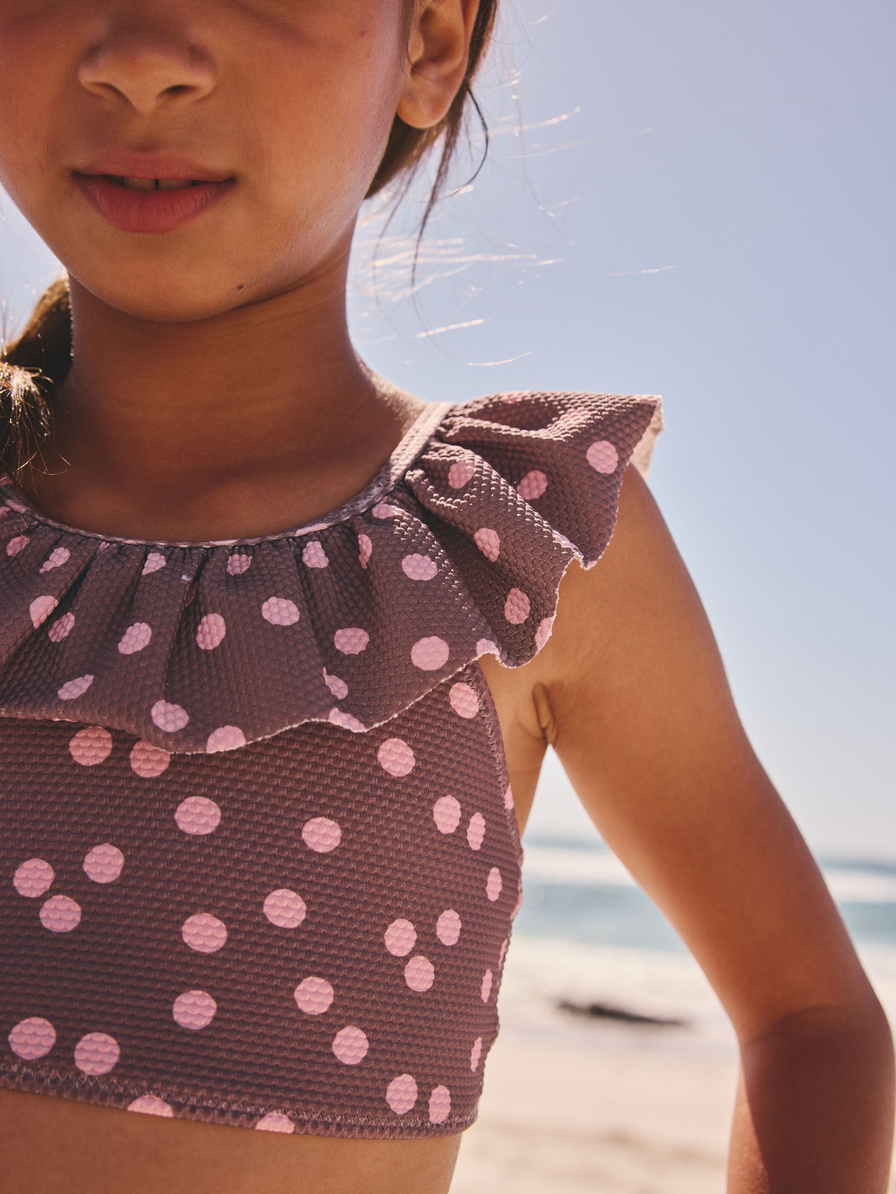 Buy Chocolate Brown And Pink Polka Dot Ruffle Bikini (3-16yrs
