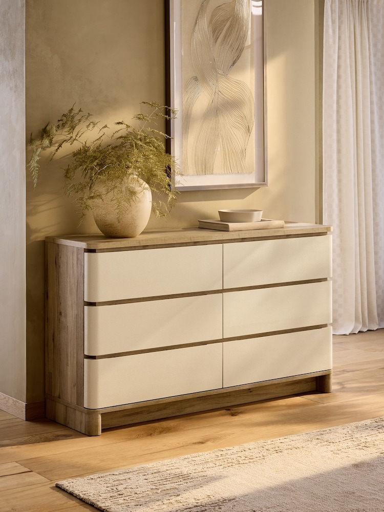 Light Natural Sierra Fabric and Oak Effect 6 Drawer Chest of Drawers - Image 1 of 10
