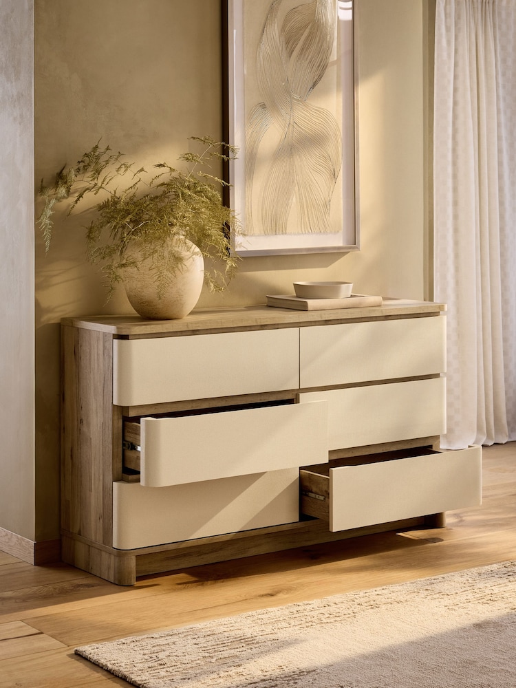 Light Natural Sierra Fabric and Oak Effect 6 Drawer Chest of Drawers - Image 2 of 10