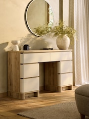 Light Natural Sierra Fabric and Oak Effect 6 Drawer Console Dressing Table - Image 1 of 9