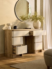 Light Natural Sierra Fabric and Oak Effect 6 Drawer Console Dressing Table - Image 2 of 9
