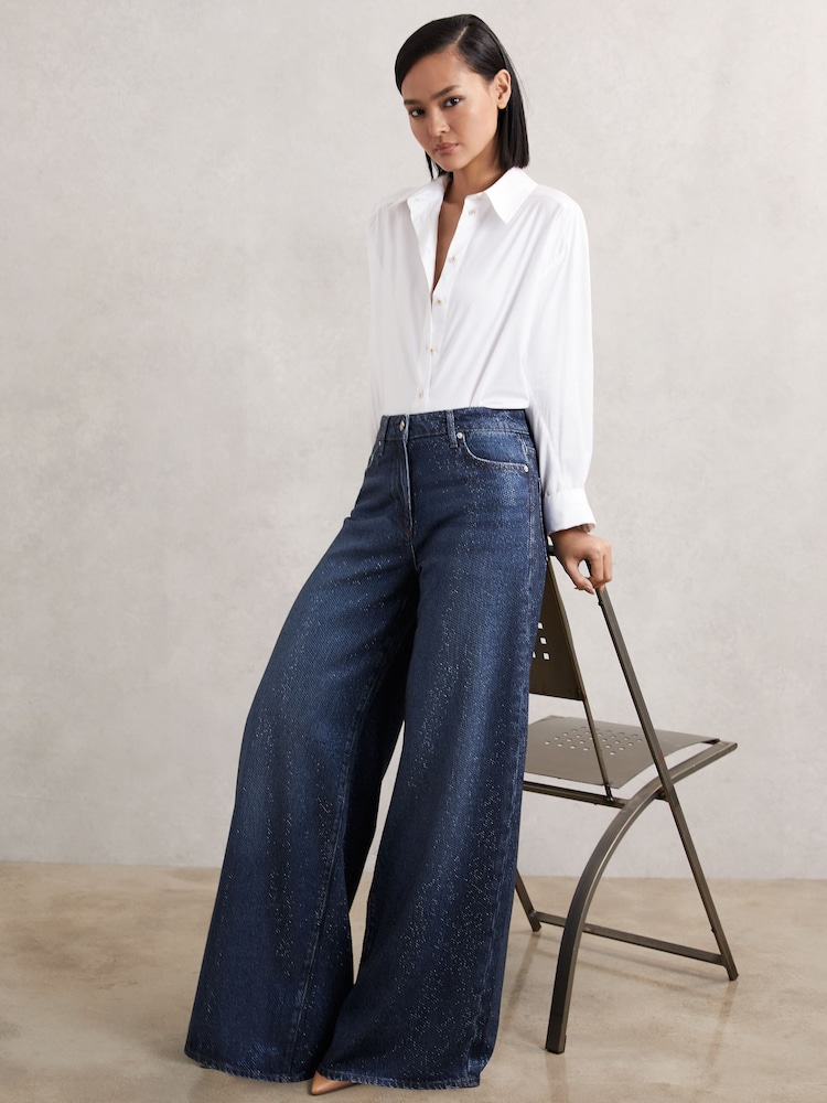 Reiss Dark Blue Mimi Wide-Leg Crystal-Embellished Jeans - Image 1 of 7 Reiss Dark Blue Mimi Wide-Leg Crystal-Embellished Jeans - Image 1 of 7