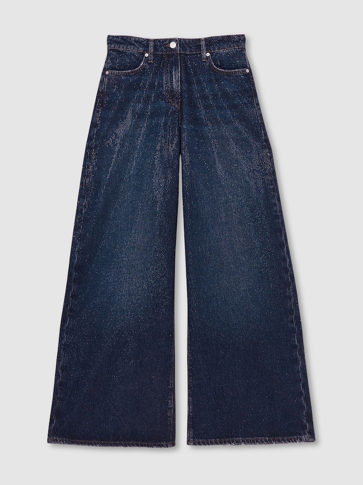 Reiss Dark Blue Mimi Wide-Leg Crystal-Embellished Jeans - Image 2 of 7 Reiss Dark Blue Mimi Wide-Leg Crystal-Embellished Jeans - Image 2 of 7