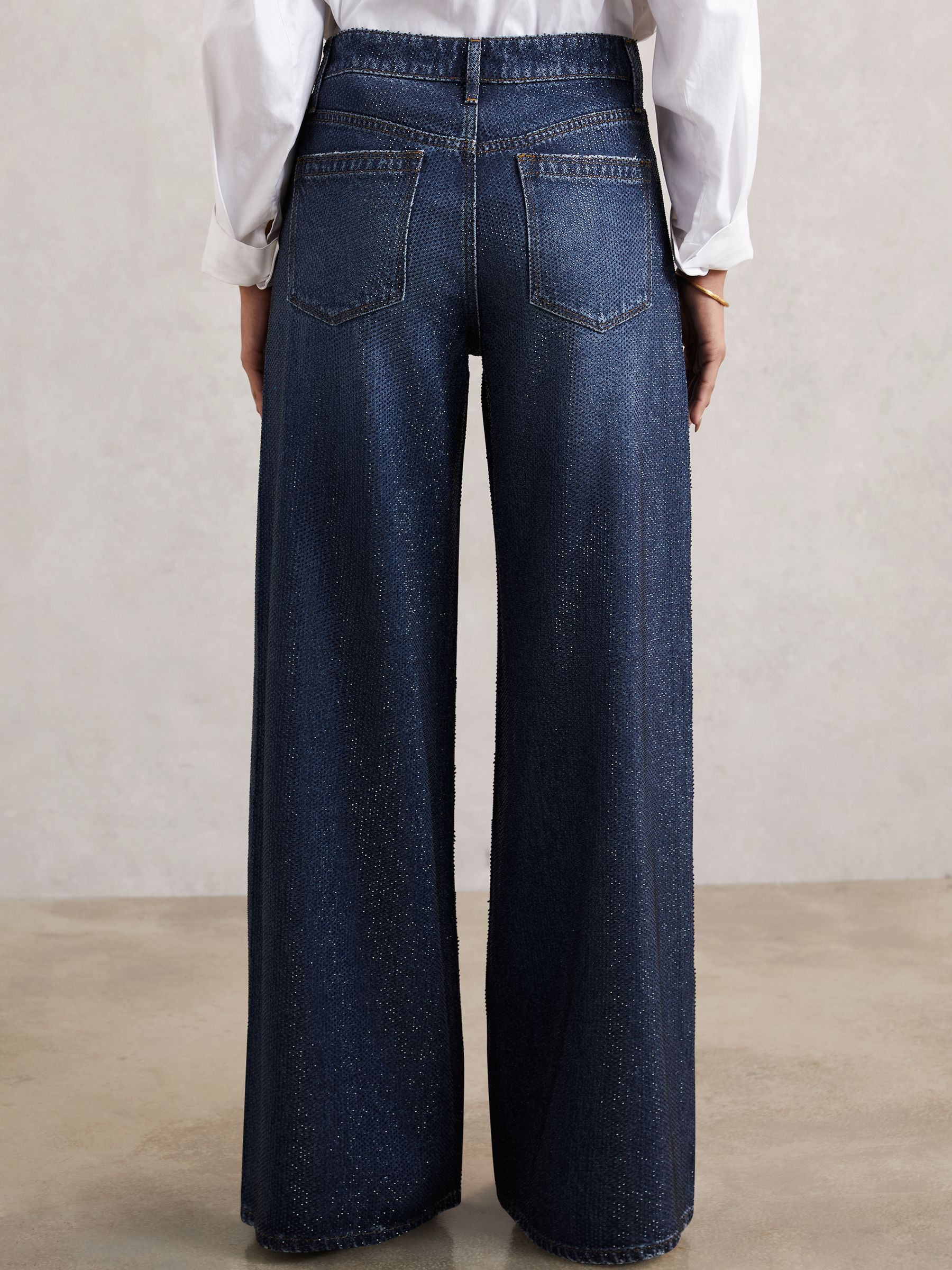 Buy Reiss Dark Blue Mimi Wide-Leg Crystal-Embellished Jeans from