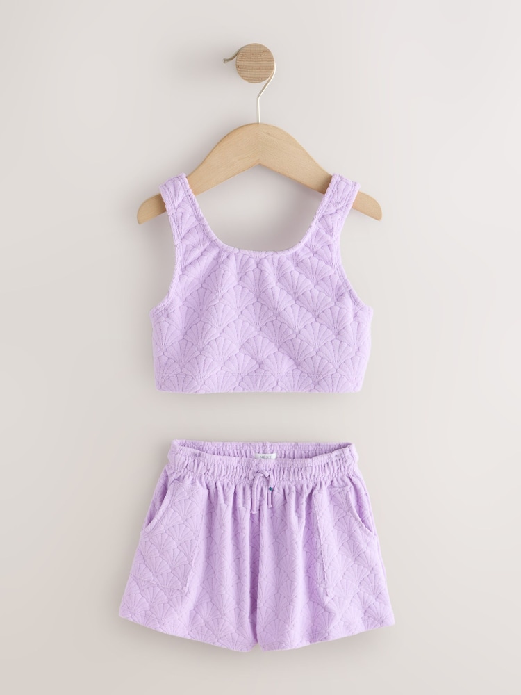 Lilac Purple Shell Towelling Crop Top And Shorts Set (3-16yrs) - Image 1 of 8