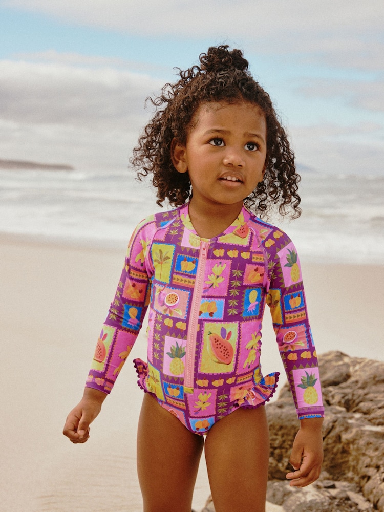 Purple/Orange Tropical Sunsafe Long Sleeve Swimsuit (3mths-7yrs) - Image 1 of 7