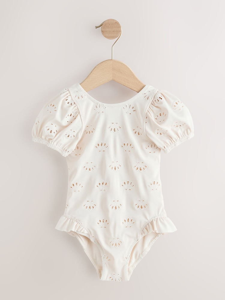 White Embriodered Puff Sleeve Swimsuit (3mths-7yrs) - Image 1 of 4