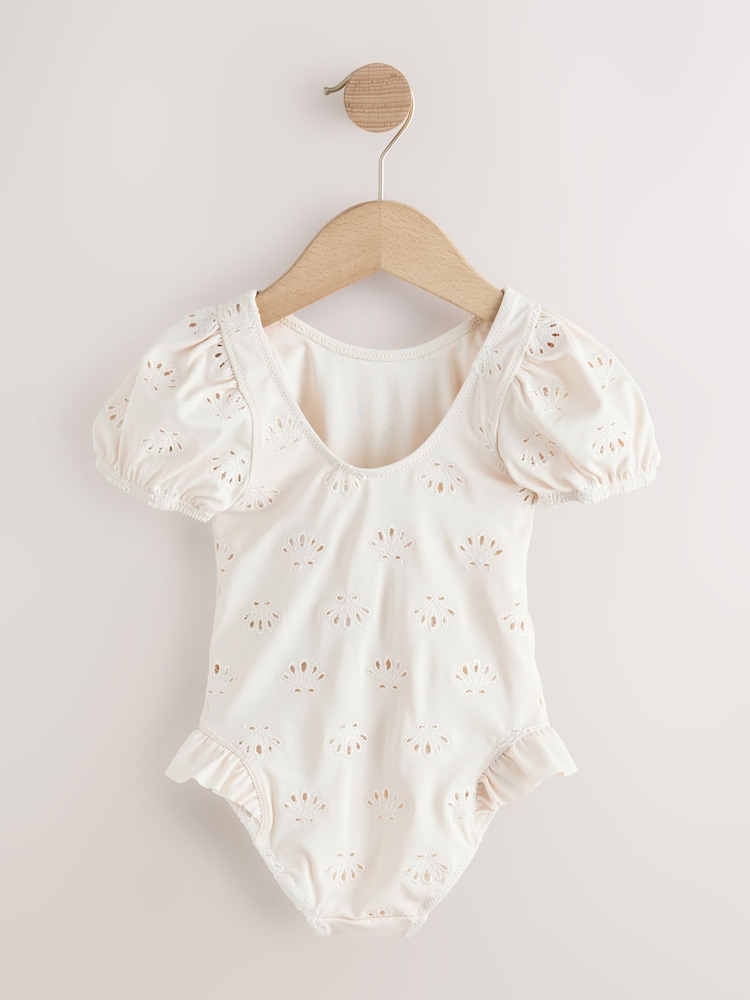 White Embriodered Puff Sleeve Swimsuit (3mths-7yrs) - Image 2 of 4