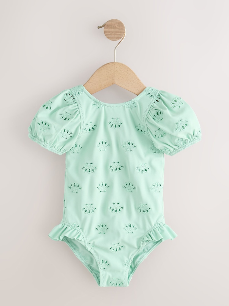 Sage Green Embroidered Puff Sleeve Swimsuit (3mths-7yrs) - Image 1 of 4