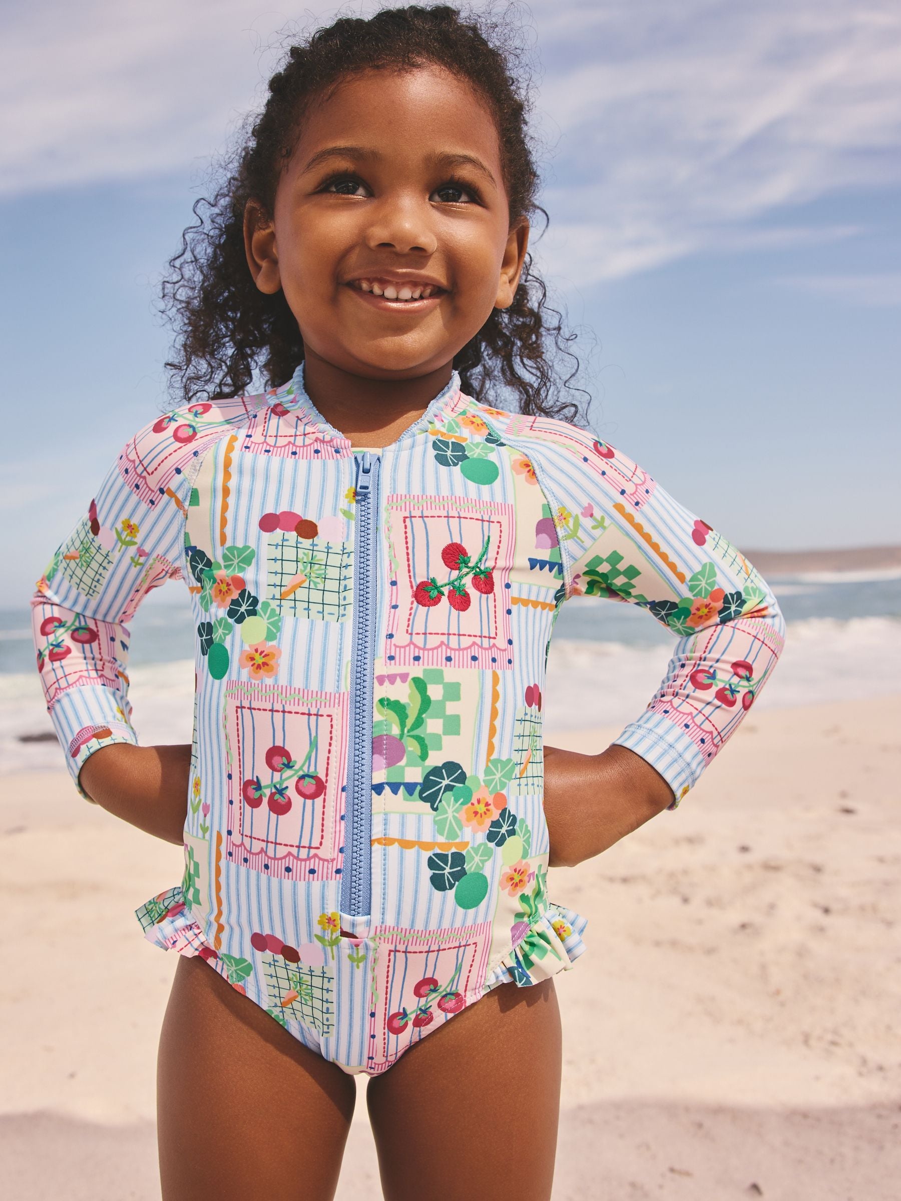 Buy Blue Stripe Vegetable Print Sunsafe Long Sleeve Swimsuit