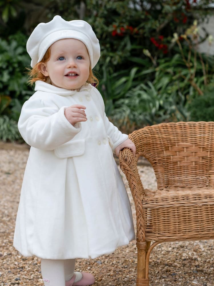 Emile Et Rose Cream Roseanna Luxurious Velour Padded Coat With Pleated Full Skirt and Beret - Image 1 of 7