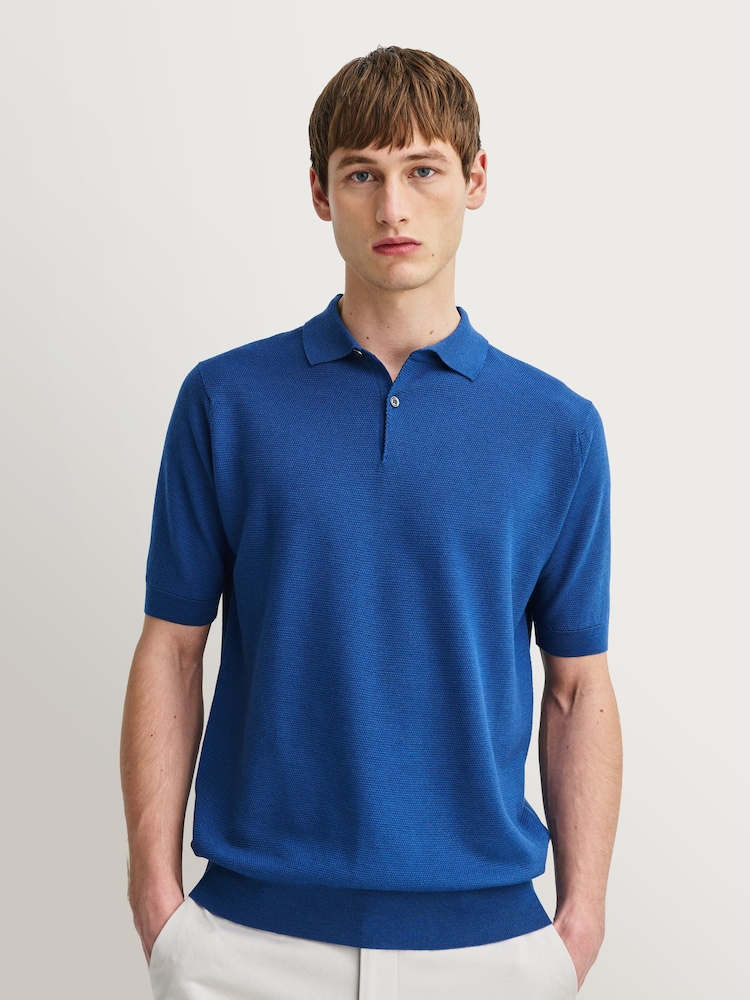 John Smedley Blue Folke Short Sleeve Cotton Knit Polo Shirt - Image 1 of 16