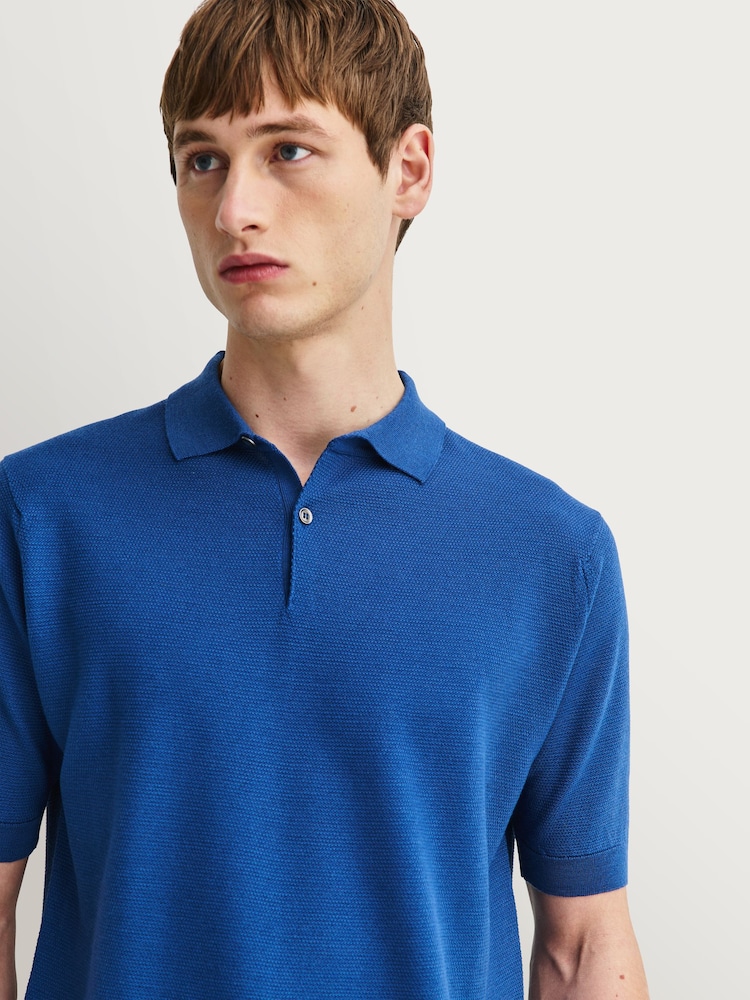 John Smedley Blue Folke Short Sleeve Cotton Knit Polo Shirt - Image 16 of 16