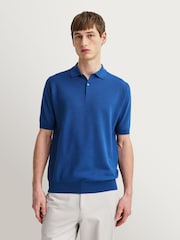 John Smedley Blue Folke Short Sleeve Cotton Knit Polo Shirt - Image 3 of 16