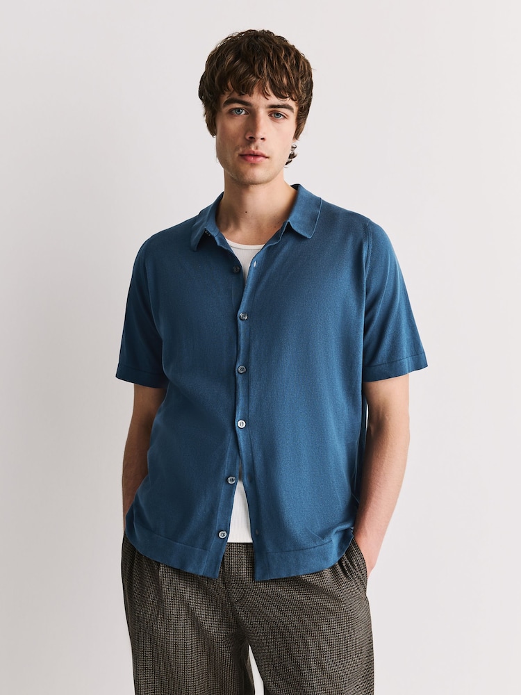 John Smedley Light Blue Folke Short Sleeve Cotton Knit Polo Shirt - Image 1 of 8