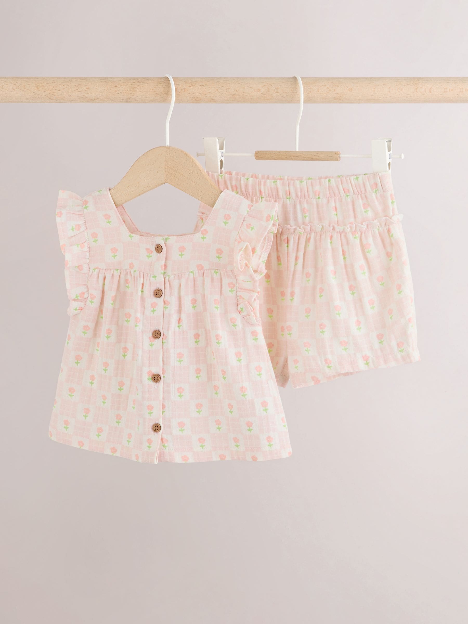 ♡BABY♡ Buy Ecru Pink Floral Woven Baby Top and Shorts Set 2 Piece (0mths