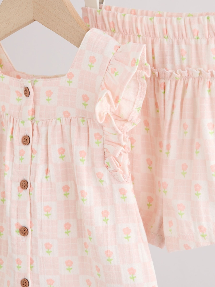 Ecru Pink Floral Woven Baby Top and Shorts 2 Piece set (0mths-2yrs) - Image 12 of 12
