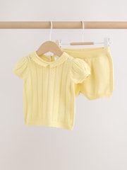 Galben - Set tricotat cu top și pantaloni scurți pentru bebeluși 2 piese (0luni-2ani) - Imaginea 1 din 14