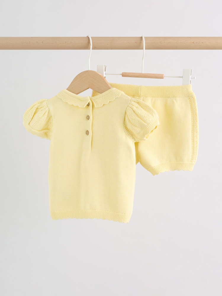 Galben - Set tricotat cu top și pantaloni scurți pentru bebeluși 2 piese (0luni-2ani) - Imaginea 2 din 14