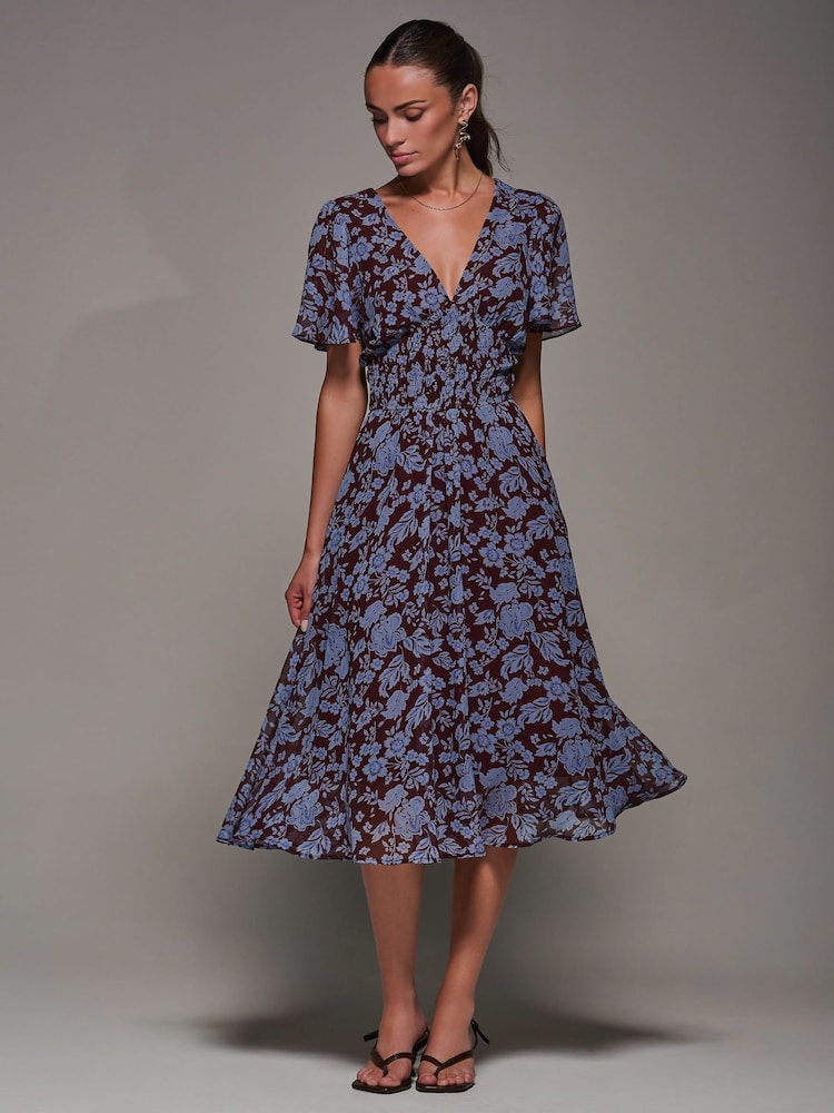 Jolie Moi Blue Chiffon Tie Back Detail Midi Dress - Image 1 of 6