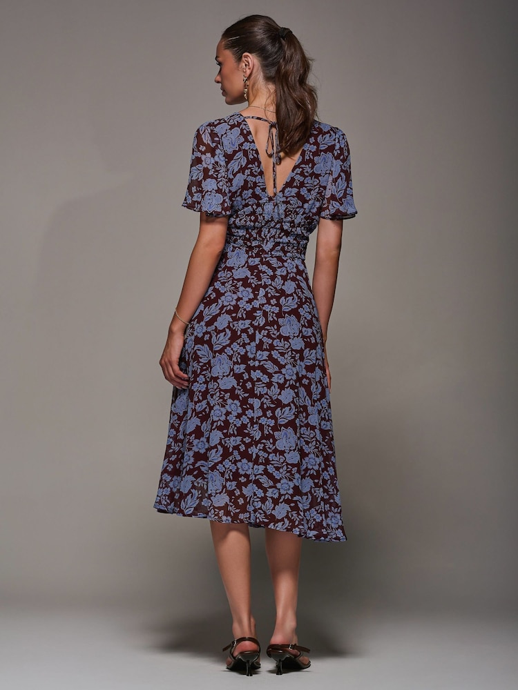 Jolie Moi Blue Chiffon Tie Back Detail Midi Dress - Image 2 of 6