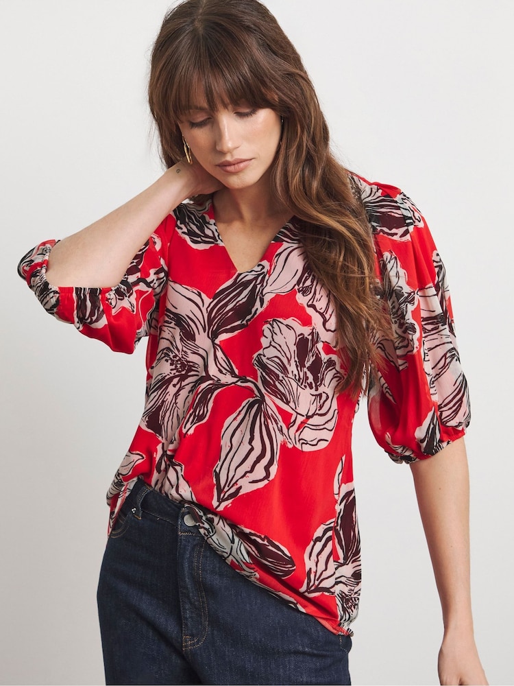 Joanna Hope Red Puff Sleeve Blouse - Image 1 of 4 Joanna Hope Red Puff Sleeve Blouse - Image 1 of 4