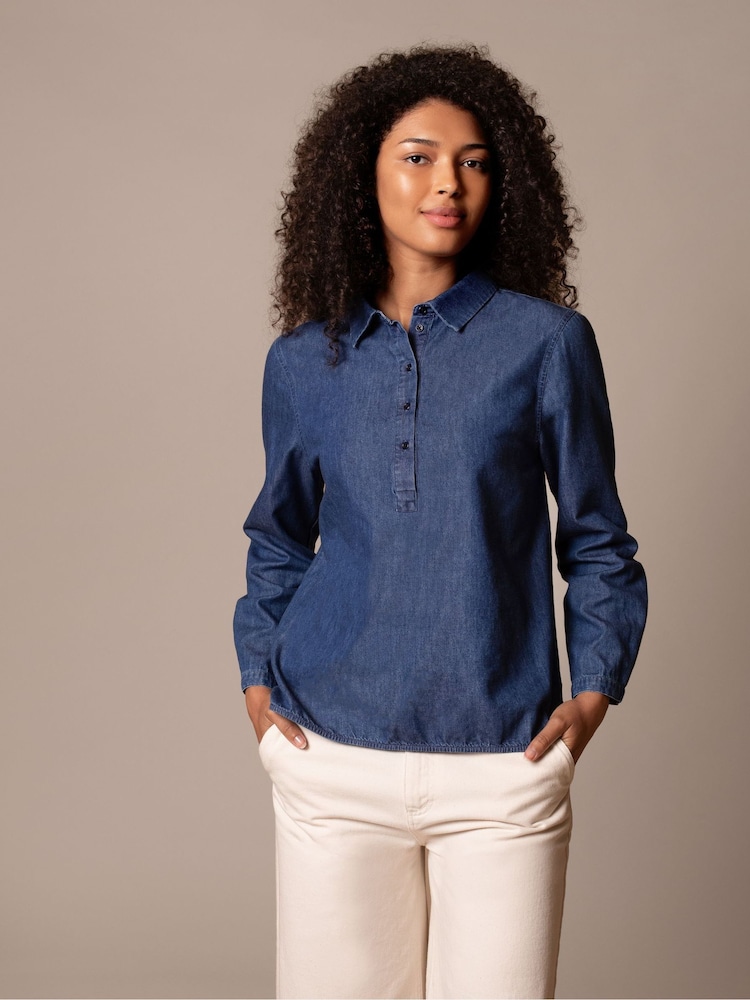 Celtic & Co. Blue Easy Denim Half Placket Shirt - Image 2 of 5