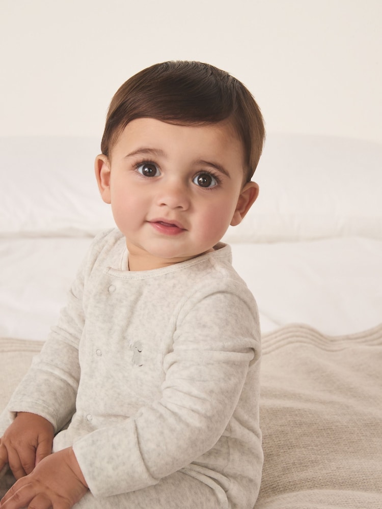 The White Company Grey Velour Kimbo Embroidered Sleepsuit - Image 1 of 5 The White Company Grey Velour Kimbo Embroidered Sleepsuit - Image 1 of 5